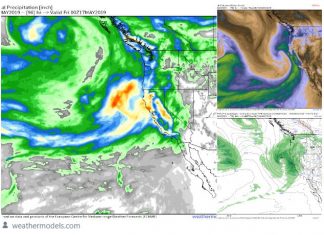 Strong late-season storm to impact California by Thursday. Unusually powerful jet-stream + atmospheric river to provide heavy rain to most of the state + heavy Sierra snow.
