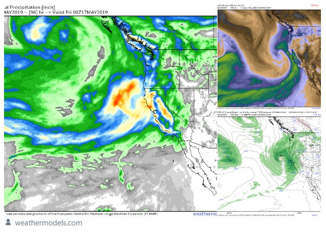 Strong late-season storm to impact California by Thursday.   Unusually powerful jet-stream + atmospheric river to provide heavy rain to most of the state + heavy Sierra snow. 