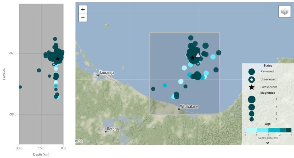 white island earthquake swarm, white island earthquake swarm map, white island earthquake swarm may 2019