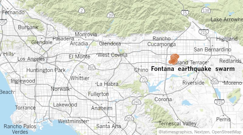 The Fontana earthquake swarm about 40 miles east of downtown L.A. began May 25. (Los Angeles Times)