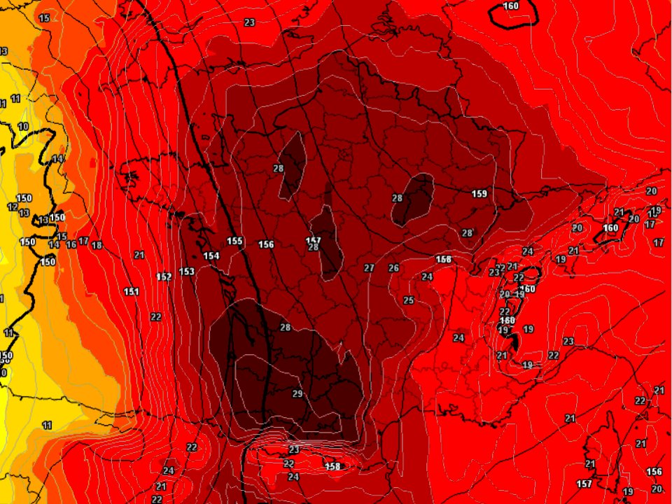 The heat wave in Europe is so intense that a weather map of France looks like a screaming heat skull of death