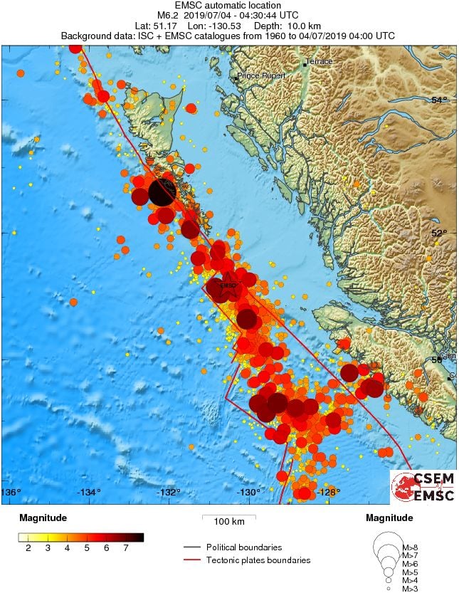 M6.2 earthquake hits off BC coast along the Cascadia subduction zone on July 4 2019