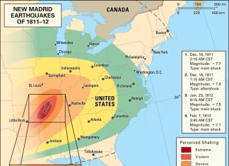 new madrid earthquakes 1811-1812, new madrid earthquakes 1811-1812 facts, new madrid earthquakes 1811-1812 strange happenings,Map of the New Madrid earthquakes 1811-1812