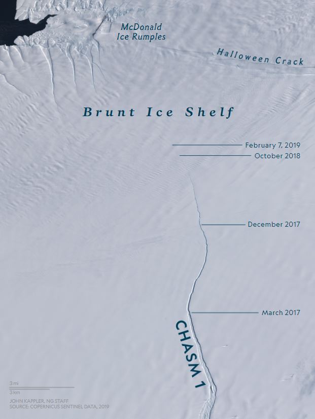 Giant cracks antarctica Brunt ice shelf, cracks splitting an Antarctic ice shelf in two, Chasm 1 and Halloween crack two giant rift on the Brunt ice shelf