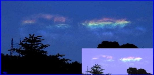 Rainbow-colored earthquake lights glowing in the night sky before a seismic event. Earthquake lights in the sky – mysterious rainbow glow before a quake