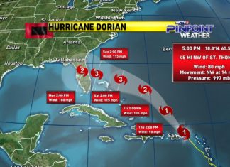 hurricane dorian, Dorian is now expected to be a major Category 3 Hurricane upon landfall next Sunday, hurricane dorian florida, hurricane dorian landfall,hurricane dorian map, hurricane dorian landfall Florida