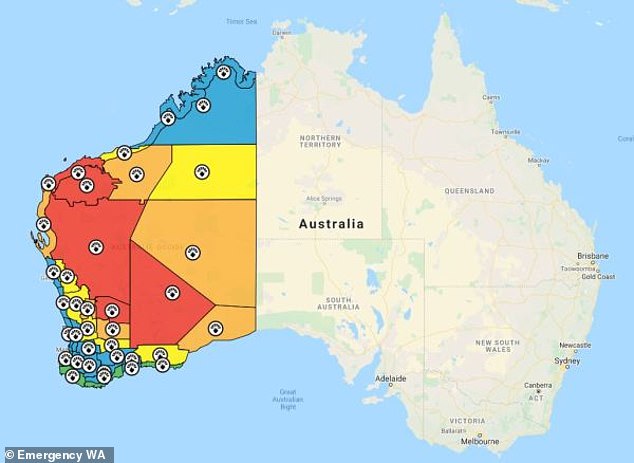 Catastrophic warnings are in place for parts of Western Australia (red) with severe (orange) and very high (yellow) warnings in place for parts of the coastline 