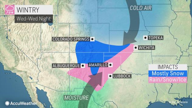 Several inches of snow are possible across New Mexico, and a wintry mix can occur in parts of the northern Texas Panhandle and Oklahoma Panhandle before the storm moves into the central Plains.