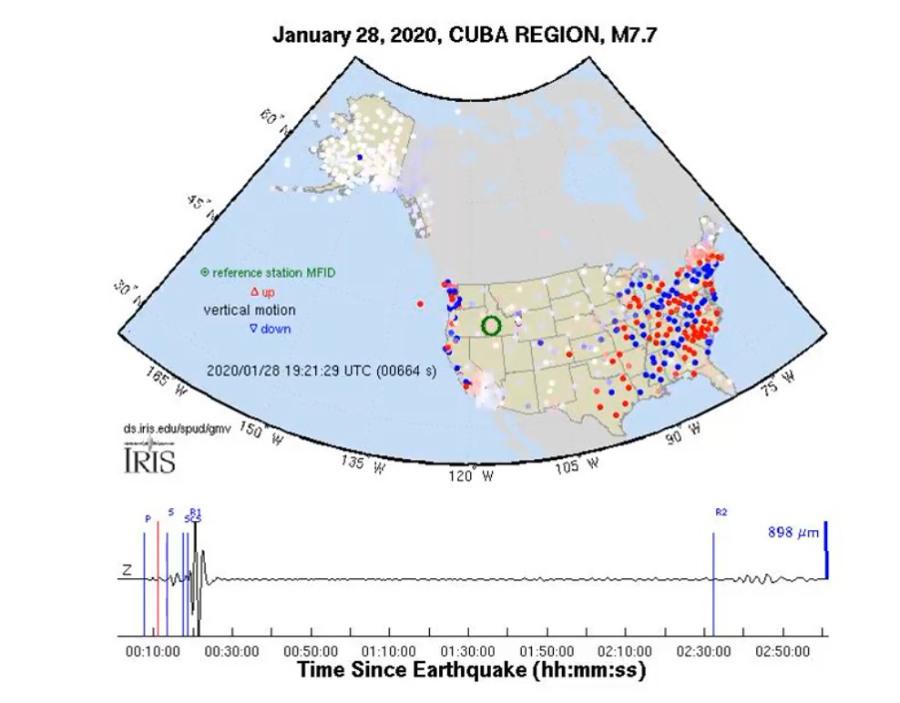 M7.7 Jamaica earthquake rolls across usa, Watch the waves from the M7.7 Caribbean earthquake roll across the USArray Transportable Array seismic network