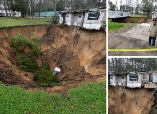 Giant sinkhole swallows mobile home and threatens another one in Florida, Giant sinkhole swallows mobile home and threatens another one in Florida video, Giant sinkhole swallows mobile home and threatens another one in Florida picture