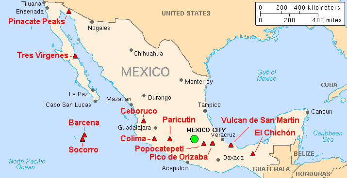 Major Volcanoes of Mexico. From west to east, volcanoes part of the Trans-Mexican Volcanic belt are Nevado de Colima, Parícutin, Popocatépetl, and Pico de Orizaba.