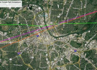 This map compares the March 3, 2020 tornado to the April 16, 1998 and March 14, 1933 Downtown Nashville Tornadoes, downtown nashville tornado comparison