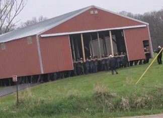 amish move barn video, amish move barn video may 2020, amish move barn picture, Amazing video shows a group of dozens of Amish moving a huge shed in Wisconsin