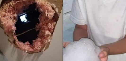 Gigantic hailstone makes ahole in a roof in Burkburnett, Gigantic hailstone makes ahole in a roof in Burkburnett pictures, Gigantic hailstone makes ahole in a roof in Burkburnett may 2020