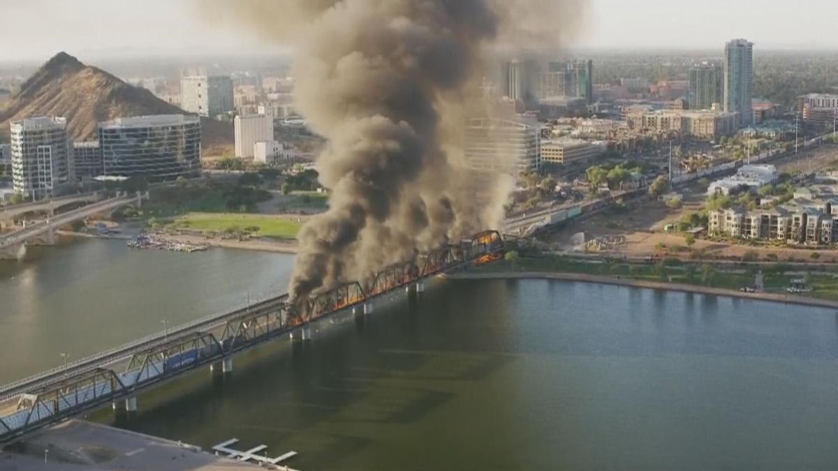 fire bridge collapse, tempe train derailment fire bridge collapse video, te...