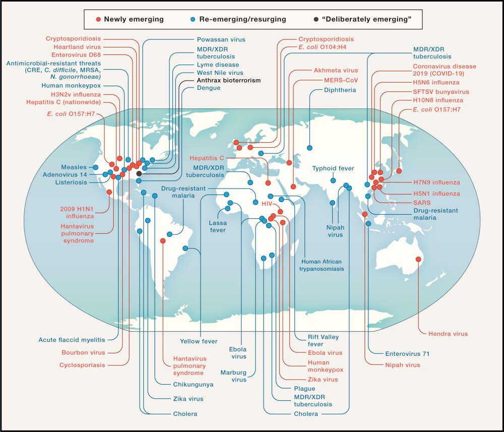 map of new and re-emerging diseases around the world