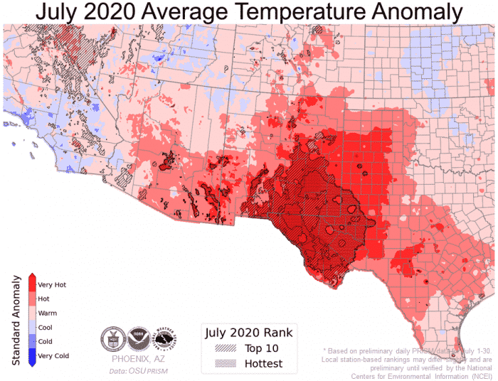 usa hot temperature anomaly july 2020, hot weather usa july 2020, july 2020 record hot temperatures usa