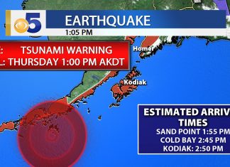 TSUNAMI WARNING IN EFFECT FOR THE SOUTHERN ALASKA COASTAL AREAS BETWEEN AND INCLUDING KENNEDY ENTRANCE, ALASKA (40 MILES SW OF HOMER) TO UNIMAK PASS, ALASKA (80 MILES NE OF UNALASKA). IF YOU ARE IN ONE OF THESE AREAS MOVE TO HIGHER GROUND.