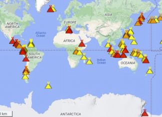 map of currently erupting volcanoes