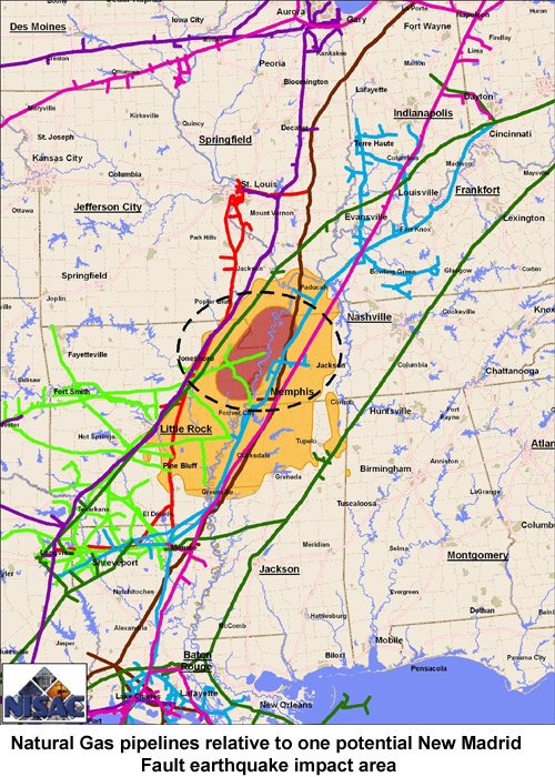Map of US pipelines going throught the New Madrid Seismic Zone