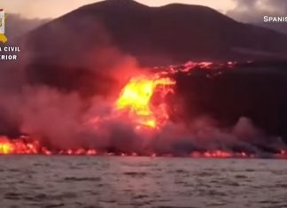 lava pyramid rises from the sea as magma from La Palma volcano reaches the sea