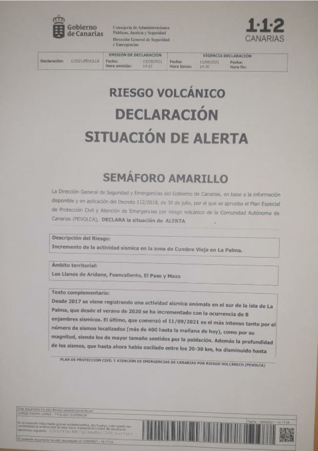 Yellow alert issued for La Palma volcano on September 13 2021