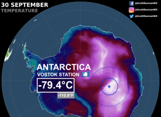 Brutal cold in Antarctica, impressive even for the coldest place on Planet Earth. The end of September came close to the world record for lowest temperature in October (-80°C). The all-time cold record is −89.2 °C (−128.6 °F) from Vostok Station on 21 July 1983.