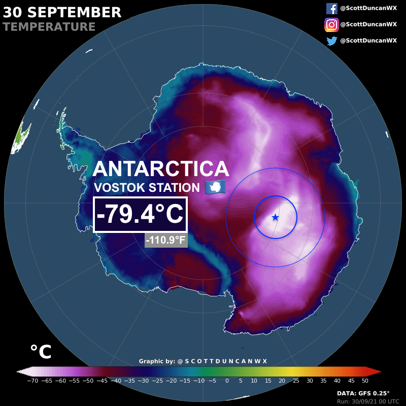 Brutal cold in Antarctica, impressive even for the coldest place on Planet Earth.  The end of September came close to the world record for lowest temperature in October (-80°C).  The all-time cold record is −89.2 °C (−128.6 °F) from Vostok Station on 21 July 1983.