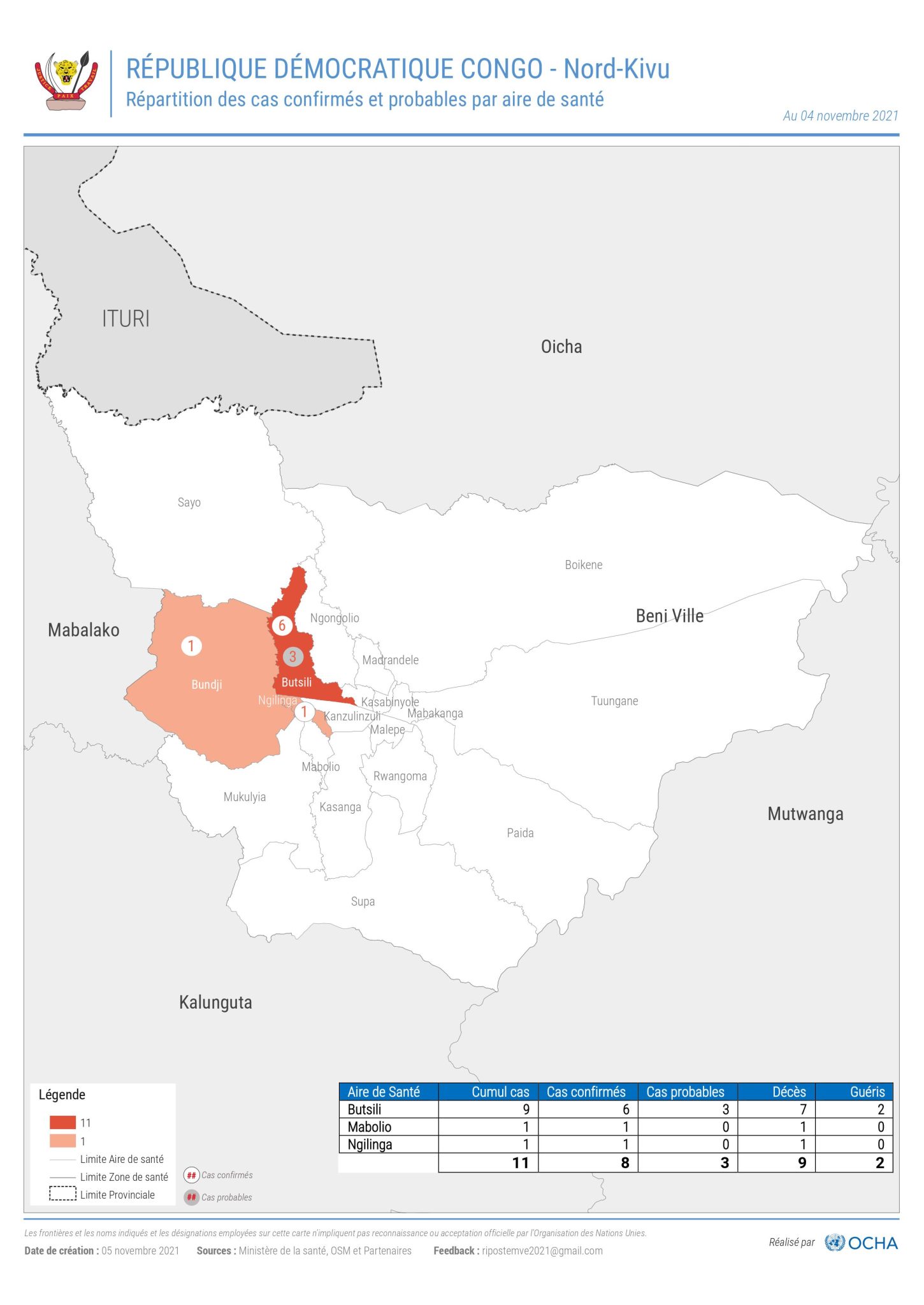 Ebola outbreak in DR Congo in November 2021. Map relief web
