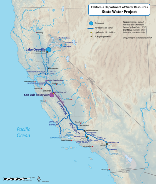 California State Water Project map, Map showing major features of the California State Water Project