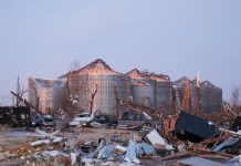 Tornado-damaged grain silos in Mayfield Graves County Kentucky
