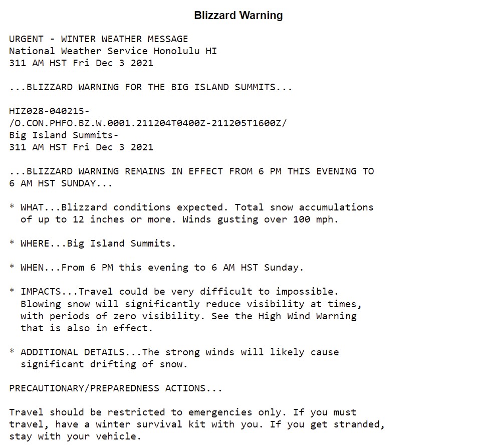 blizzard warning Hawaii