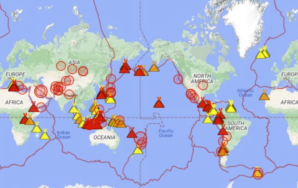 Erupting volcanoes and last 24h earthquakes around the world