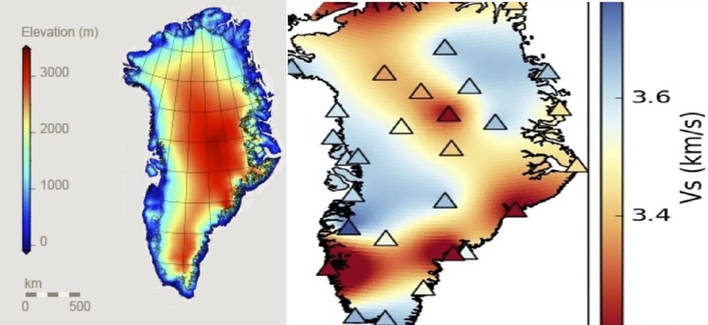 slower underground seismic wave speed is associated with hotter areas. a) Rayleigh wave speed 4km beneath the ice, measured at different seismic stations; red is slower.