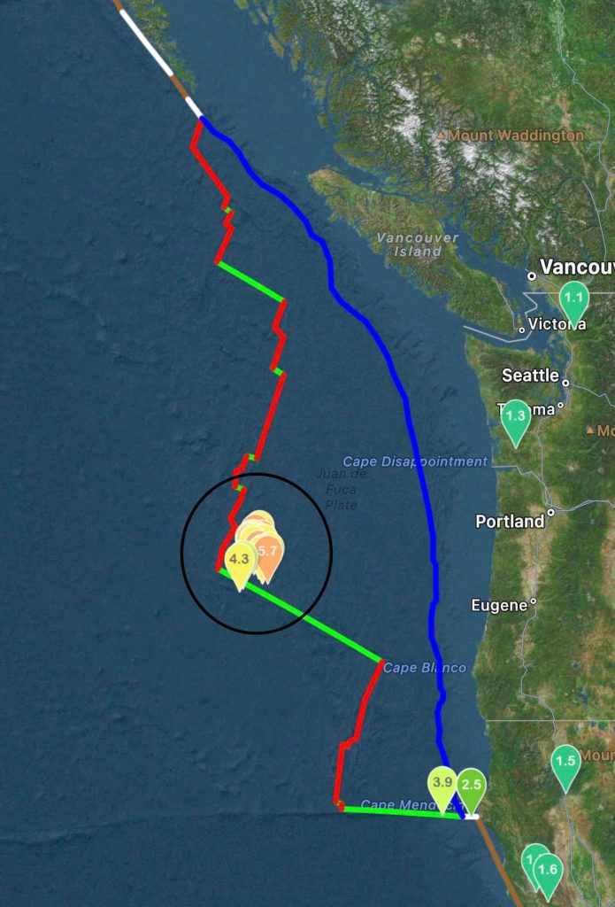 strong earthquake swarm off Oregon on December 7-8 2021