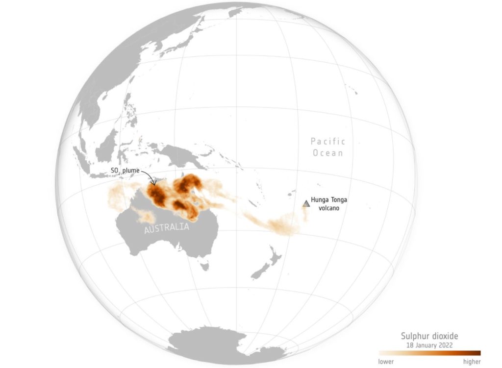 sulphur dioxide from Tonga eruption spreads over Australia and across the world