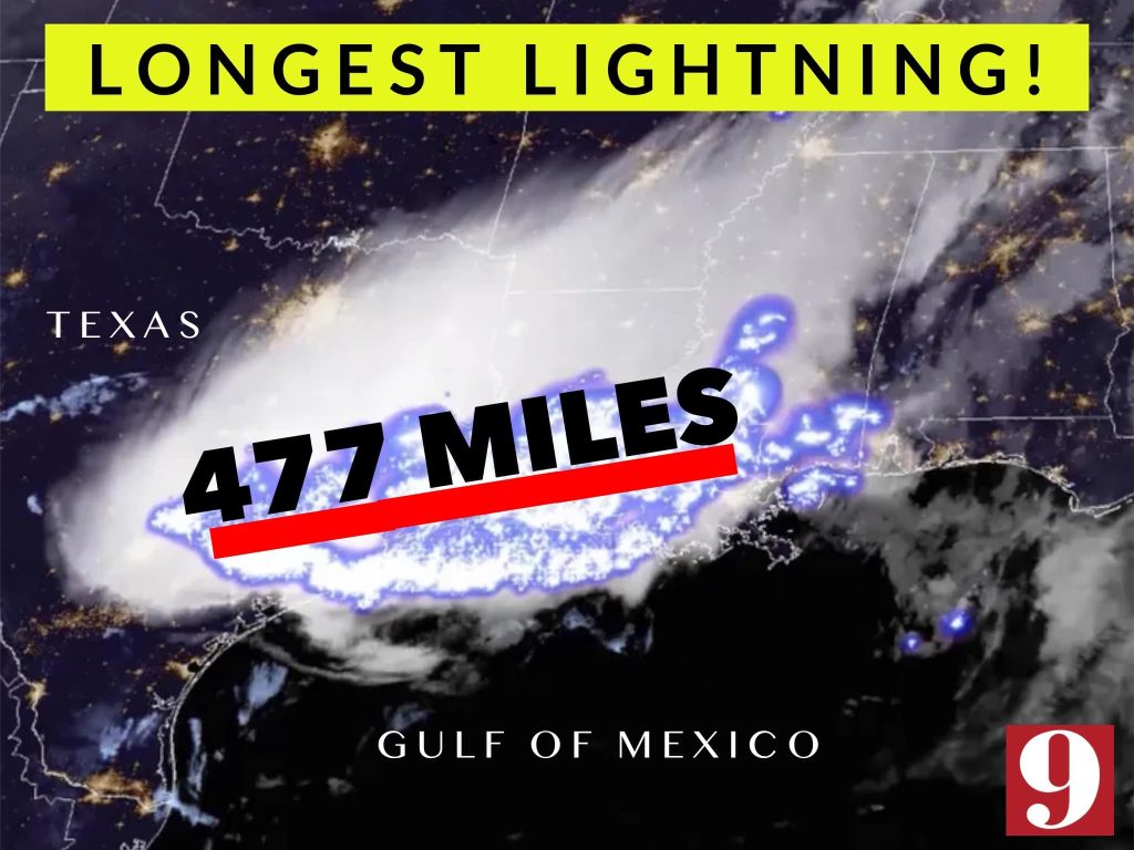 The single lightning struck over the Gulf Coast in April 2020 (April 29th), was 477 miles long and lasted for more than 8.5 seconds