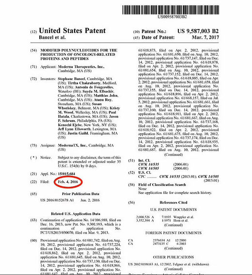 Moderna filed the patent in February 2016 as part of its cancer research division, records show. The patented sequence is part of a gene called MSH3 that is known to affect how damaged cells repair themselves in the body. It was approved on March 7 the following year