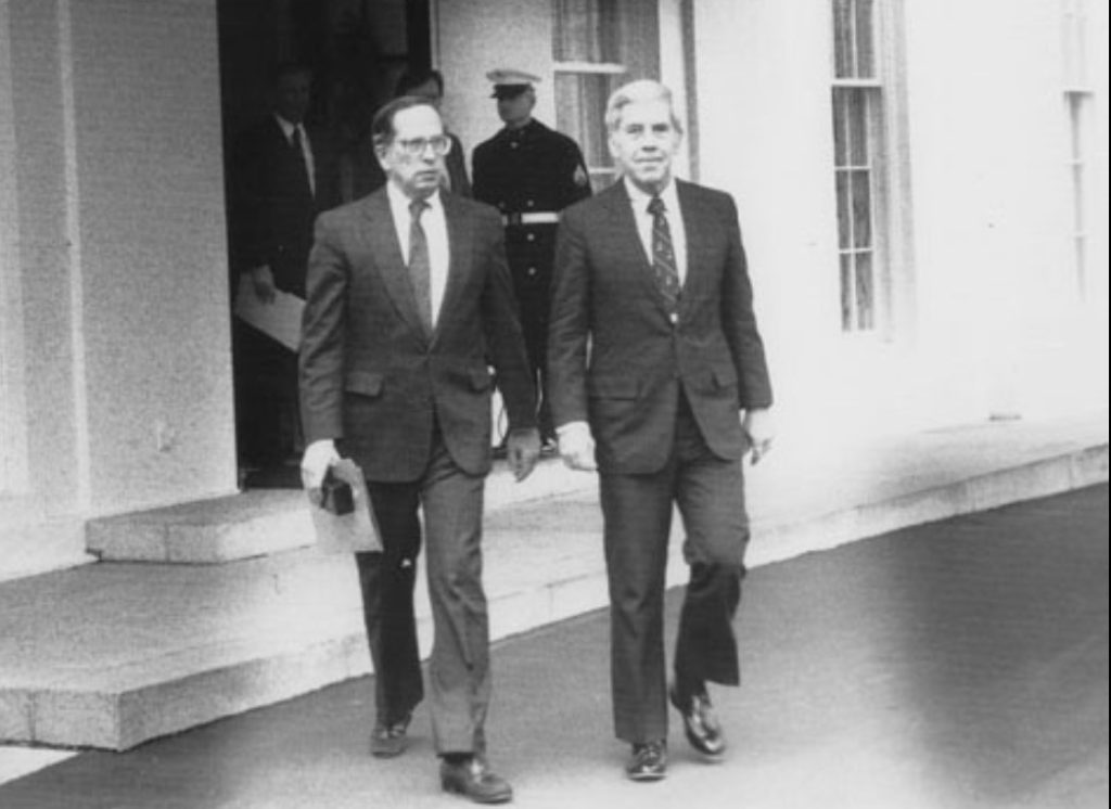 Senators Nunn and Lugar leave the White House in 1991 after briefing President George H. W. Bush on the Nunn–Lugar legislation
