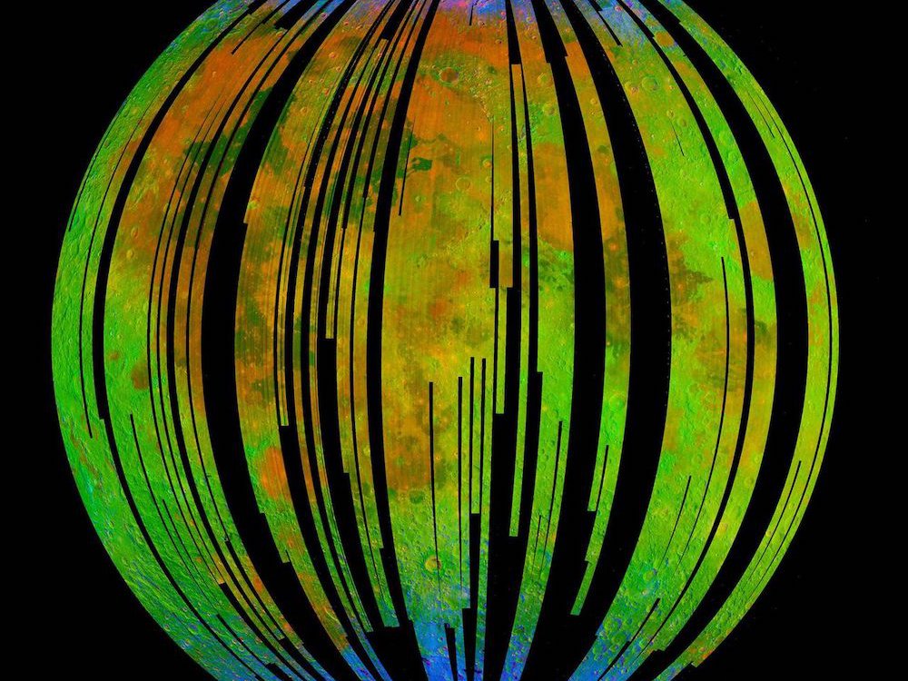 The blue areas in this composite image from the Moon Mineralogy Mapper (M3) aboard the Indian Space Research Organization's Chandrayaan-1 orbiter show water concentrated at the Moon's poles. Homing in on the spectra of rocks there, researchers found signs of hematite, a form of rust. ISRO/NASA/JPL-Caltech/Brown University/USGS
