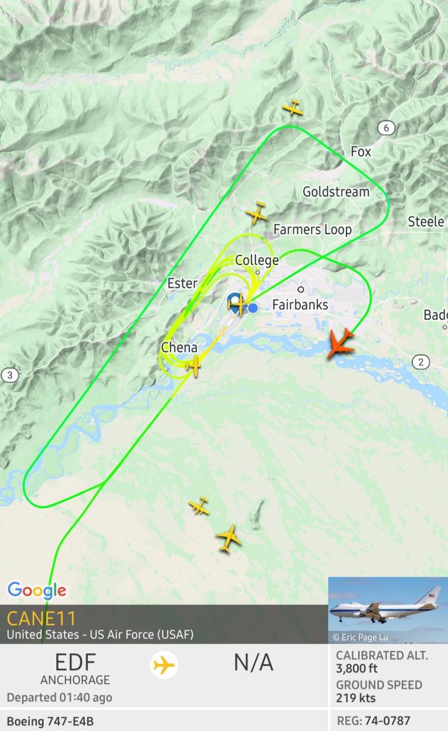 Doomsday USAF 747 CAIN11 was circling Fairbanks Alaska Airport and surrounding area yesterday for 2 hours accompanied by multiple fighter jets.