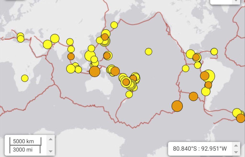 Map showing M4.5+ earthquakes within the last 7 days