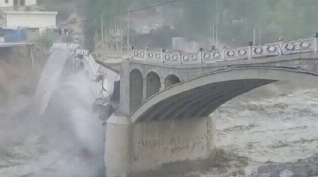 Hassanabad Bridge on Karakoram highway linking Pakistan and China swept away