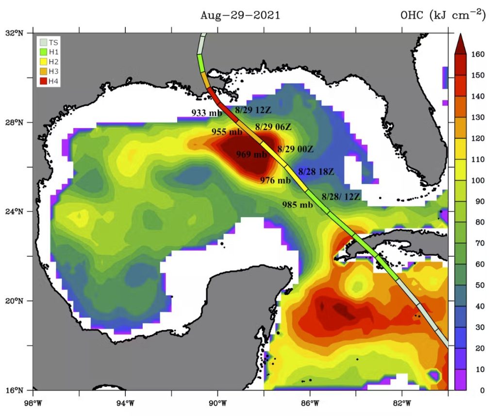 Map of path of Hurricane Ida showing its central pressure and hurricane strength at each point and the depth of ocean heat capable of fueling a hurricane. Hurricane Ida’s pressure dropped quickly as it crossed a warm, deep eddy boundary on Aug. 29, 2021. Nick Shay/University of Miami, CC BY-ND