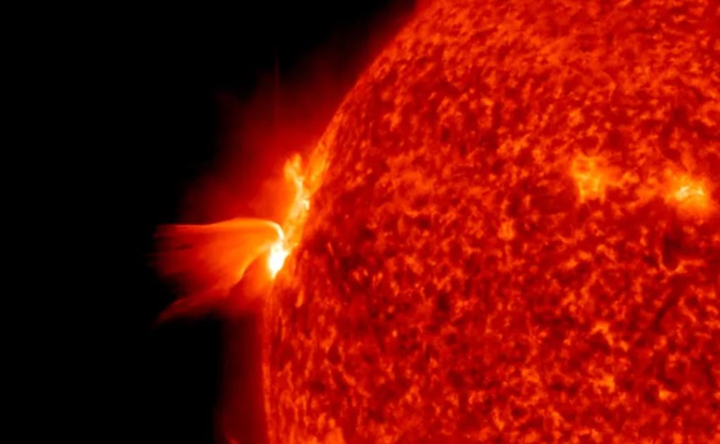 The sun unleashed a major X1.1 class solar flare from an active sunspot cluster on its eastern limb on April 17, 2022.