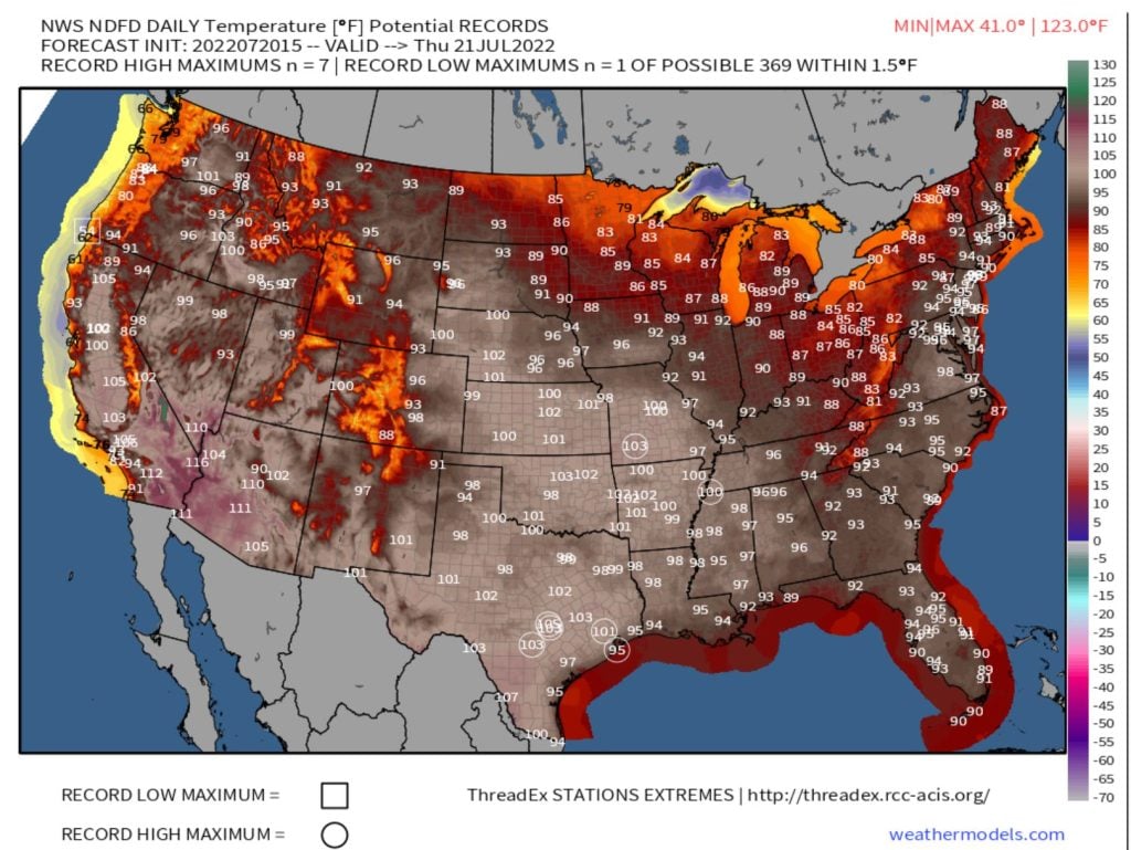 PREDICTED HIGH TEMP MAPS. Records/potential records circled. by NWS