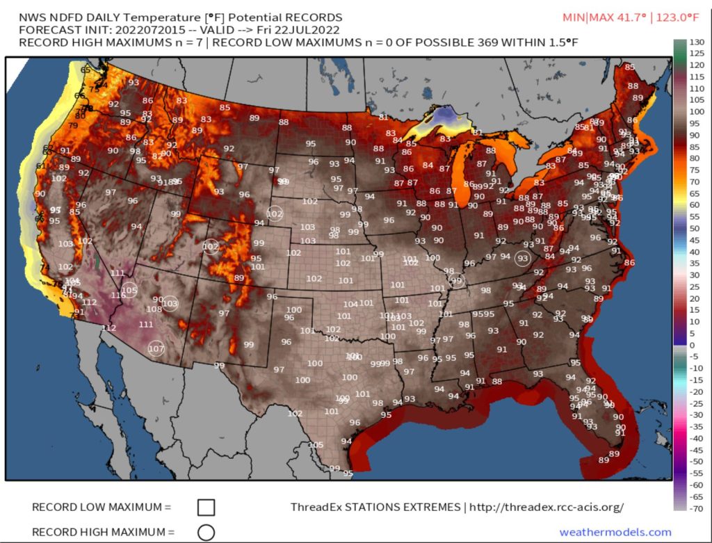 PREDICTED HIGH TEMP MAPS FOR JULY 22. Records/potential records circled. by NWS