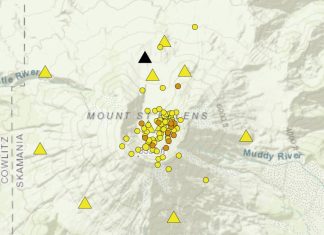 Mount St Helens earthquake swarm in July-August 2022.