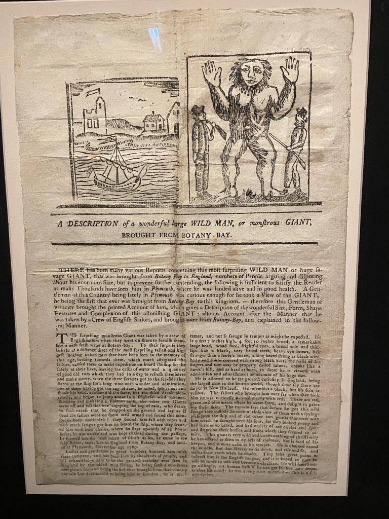 Report from 1789 Sydney Australia of a Giant that was captured. Article hangs in the state library and disqualified as "fake news" by the museum.