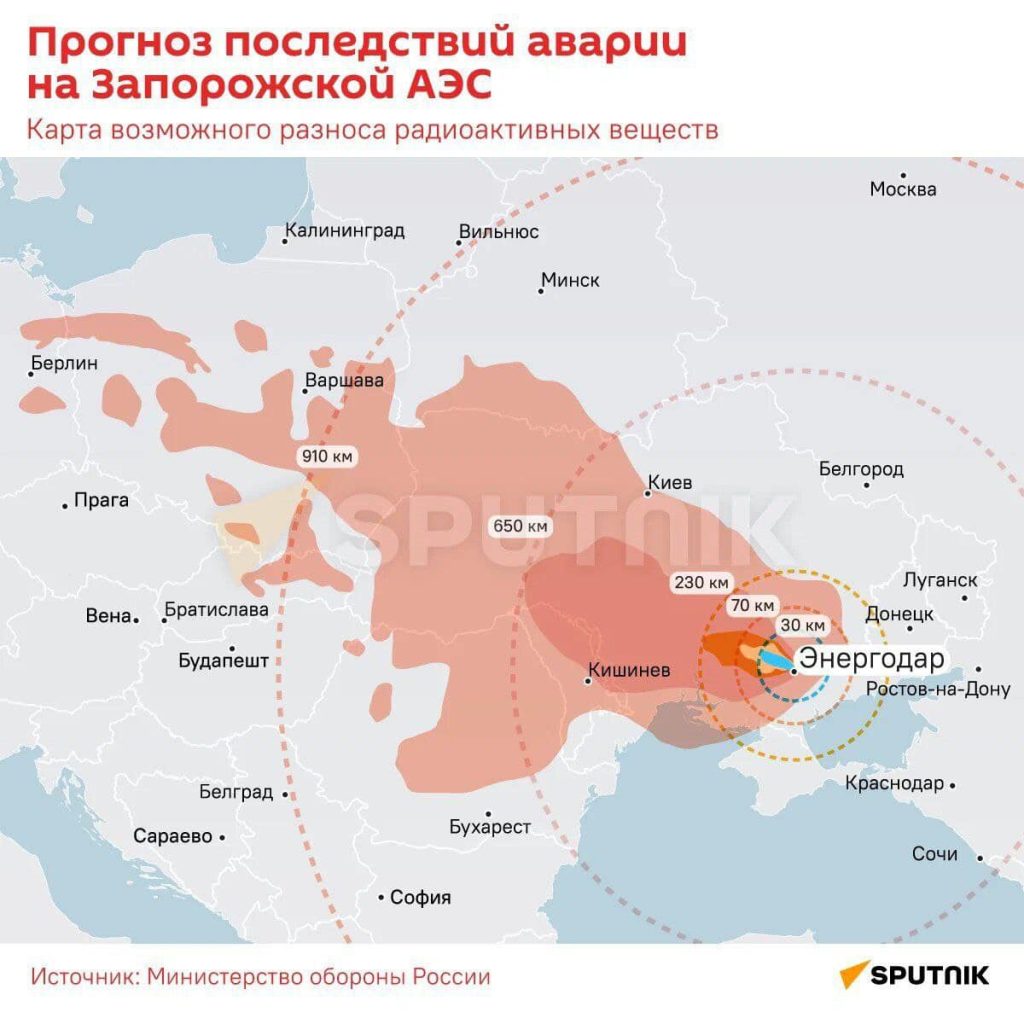 map depicting the countries which will be affected if there is a radiation leak at ZaporozhyeNPP